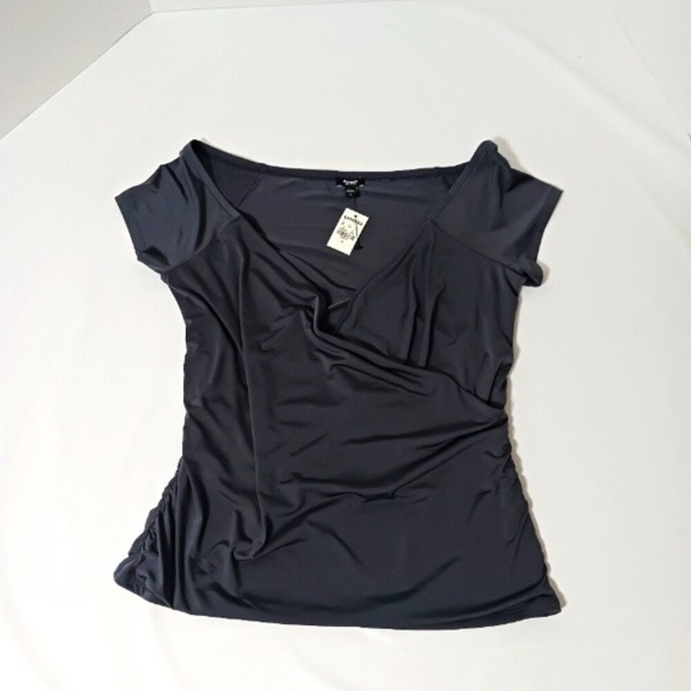 Express Body Contour Double Layer off the Shoulder Ruched Gray Tee- Large